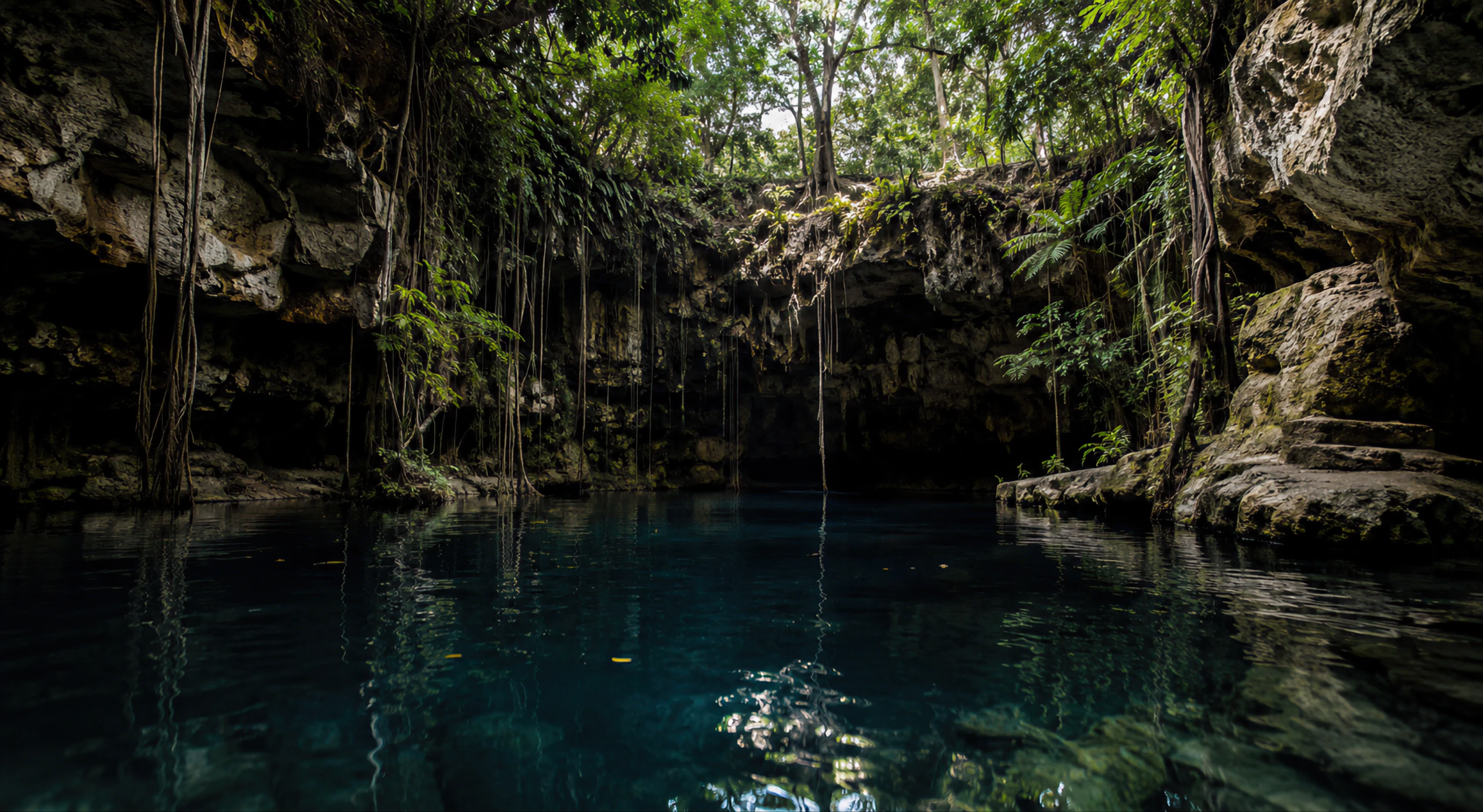 A flooded Maya stone chamber with hanging roots